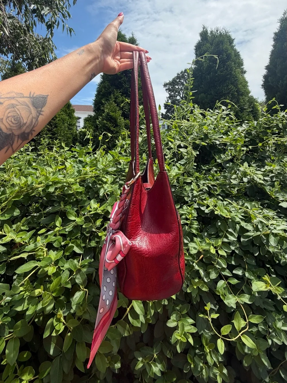 Classic Women's Shoulder Bag in Burgundy with Scarf Accent